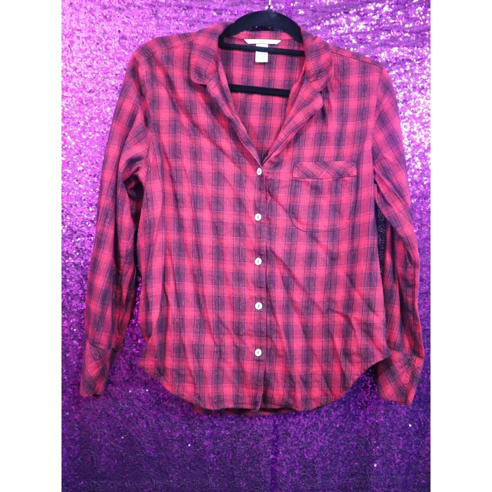 Red Pajama Top Small Victoria's Secret Women Plaid Shimmer Button Down